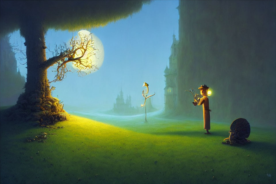 Person with lantern and glowing tree in whimsical night scene