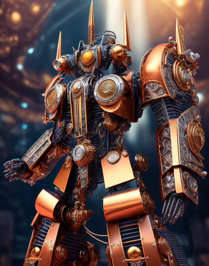 Metallic robot with medieval armor design in gold and copper tones against futuristic backdrop