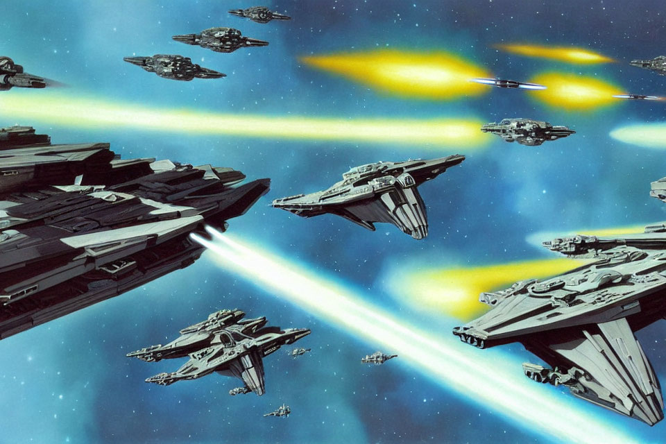 Futuristic spacecraft in space battle with laser beams