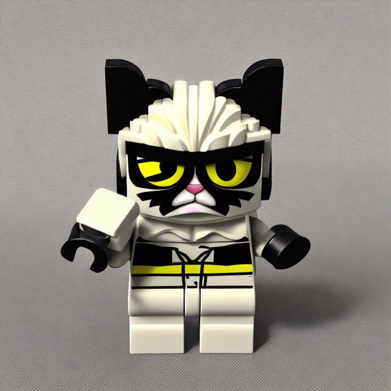 Grumpy cat Lego figurine in white karate outfit with black belt