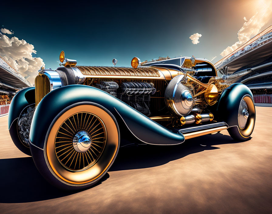 Vintage Luxury Car in Golden and Dark Blue Hues Parked in Empty Stadium