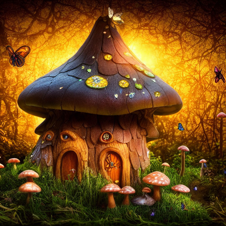 Illustration: Mushroom house with thatched roof in mystical forest