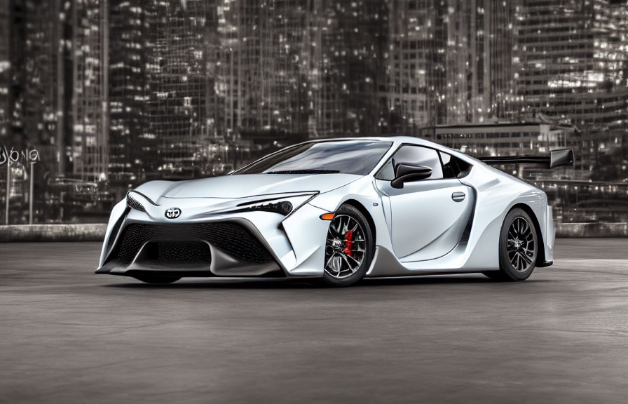 White Sports Car with Black Rims and Red Brake Calipers Against Cityscape