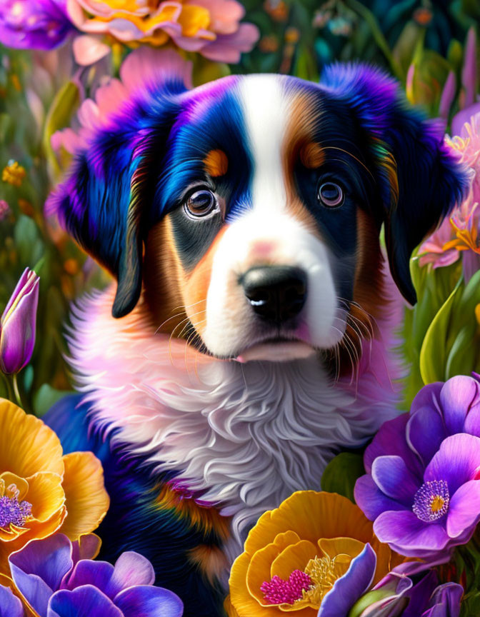 Vibrant Bernese Mountain Dog puppy portrait with colorful flowers