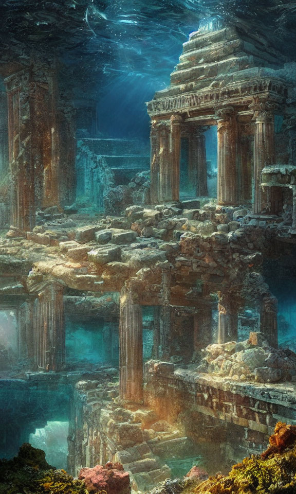 Ancient Greek-style underwater ruins with columns and stone structures