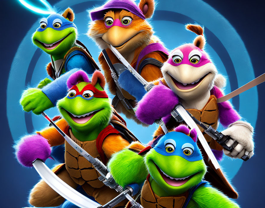 Four Teenage Mutant Ninja Turtles with colorful masks and weapons on blue background