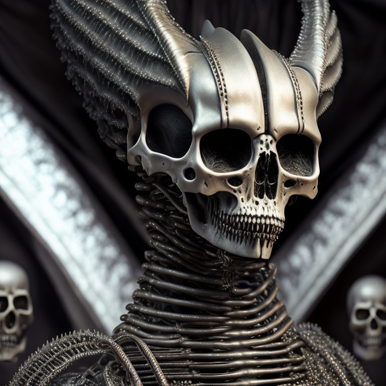 Detailed Metallic Skull Among Ribbed Structures