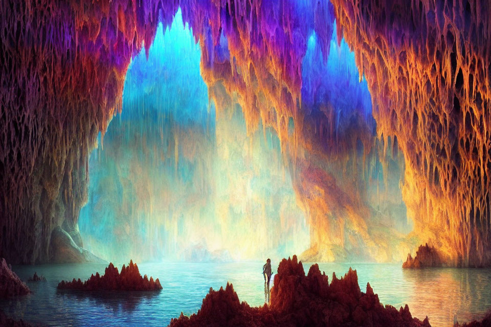 Colorful Cave with Blue and Purple Lights and Water Body