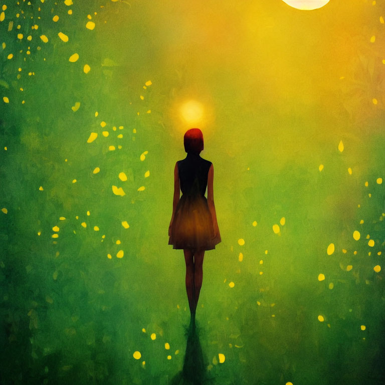 Silhouette of woman against vivid backdrop with fireflies and warm sun