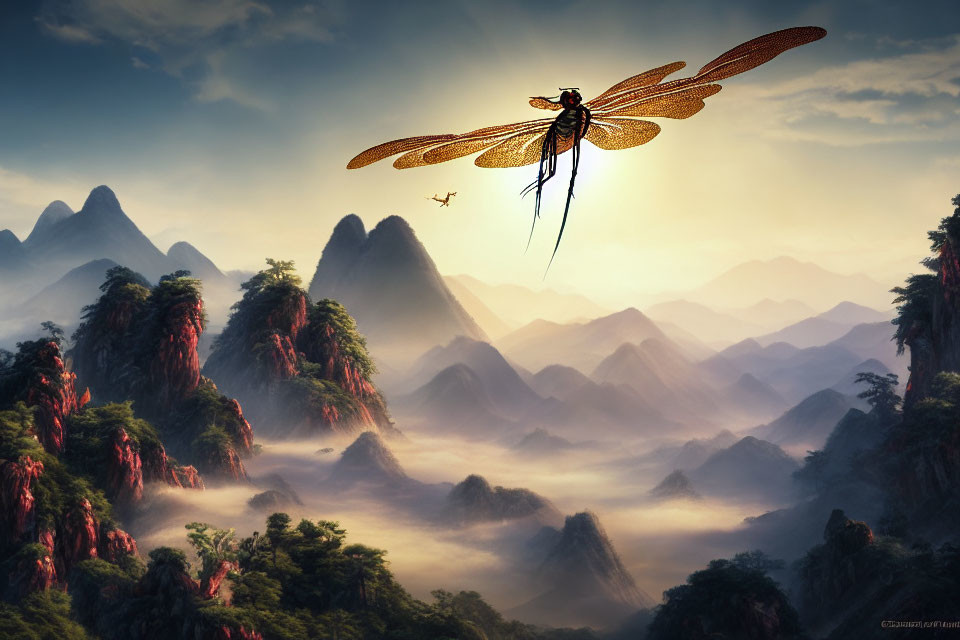 Dragonfly overlooking misty mountains and valleys with airplane in the distance