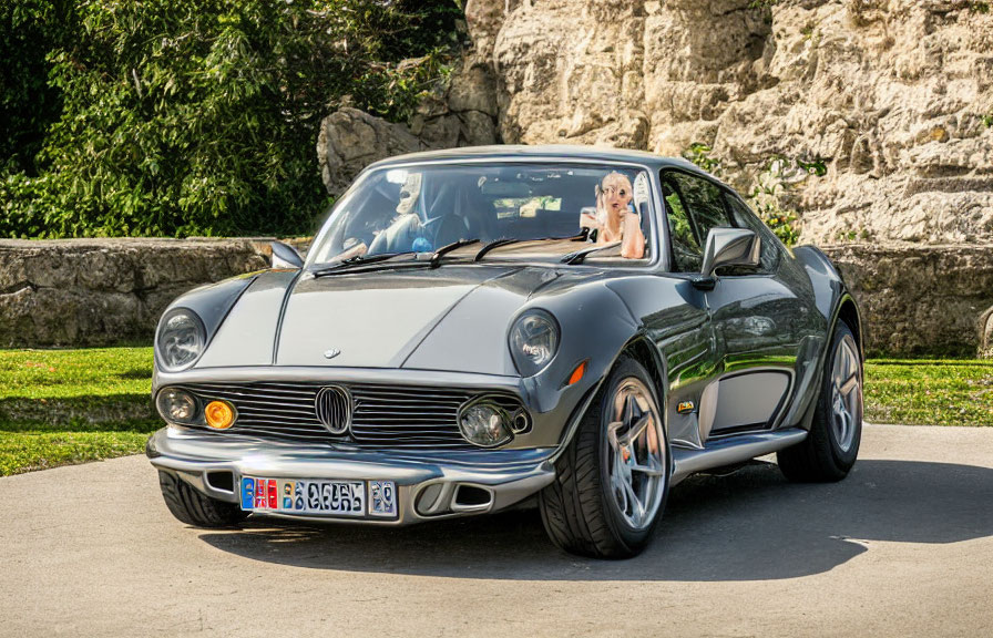 Vintage car with contemporary modifications and passenger waving outdoors