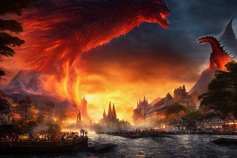 Apocalyptic scene: Giant dragons wreak havoc on medieval city