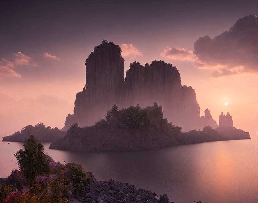 Rocky Cliffs Over Tranquil Lake at Sunset: Purple and Orange Hues