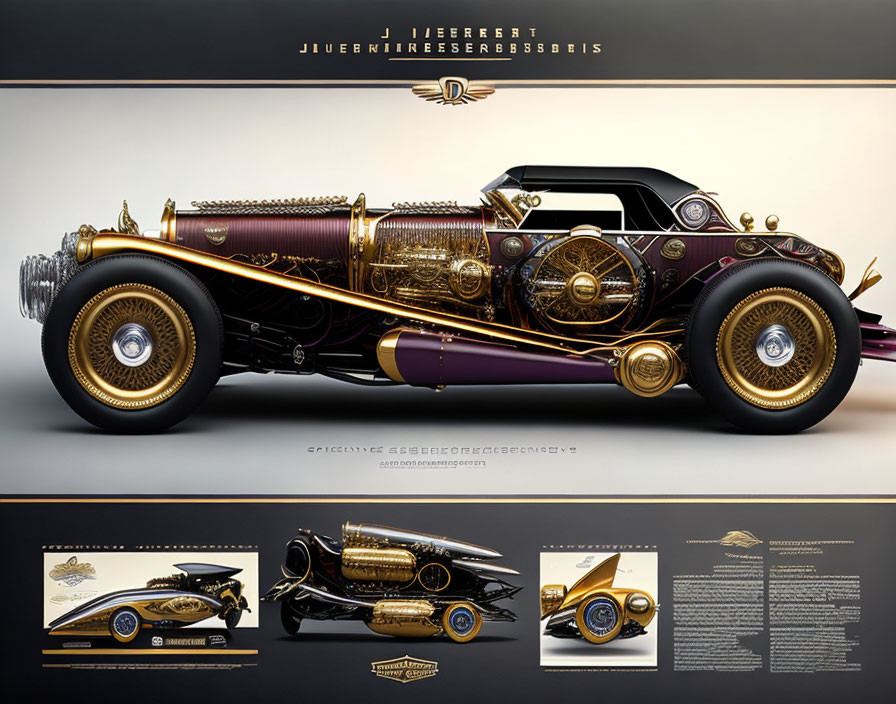 Vintage Luxury Car with Gold Detailing Displayed on Dark Background