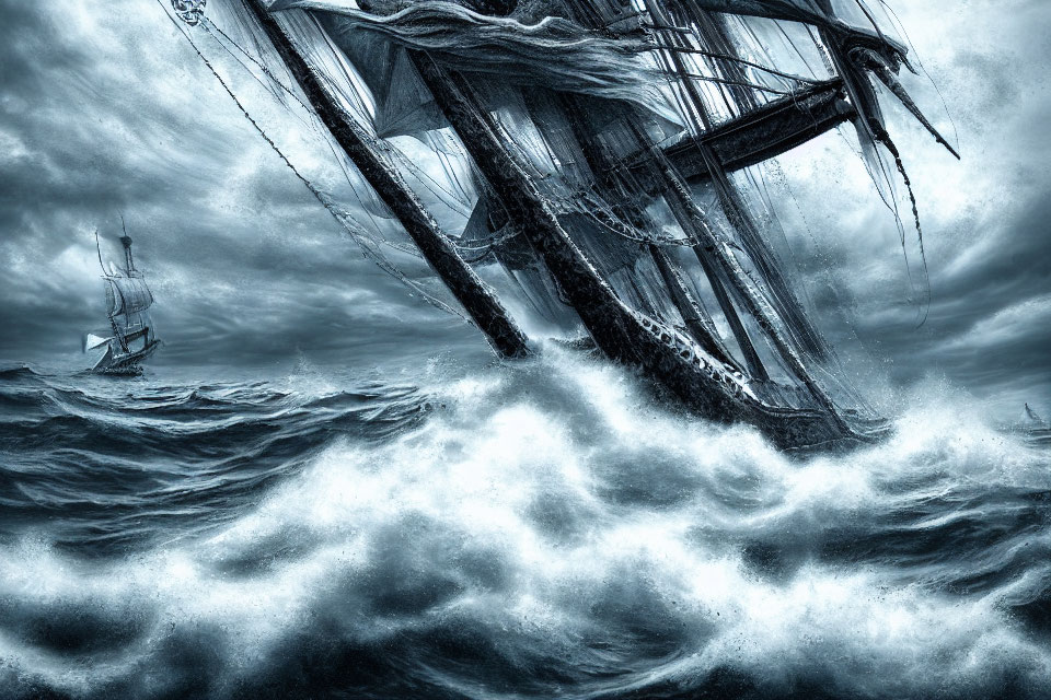 Stormy Sea Scene: Two Sailing Ships Amid Dark Clouds