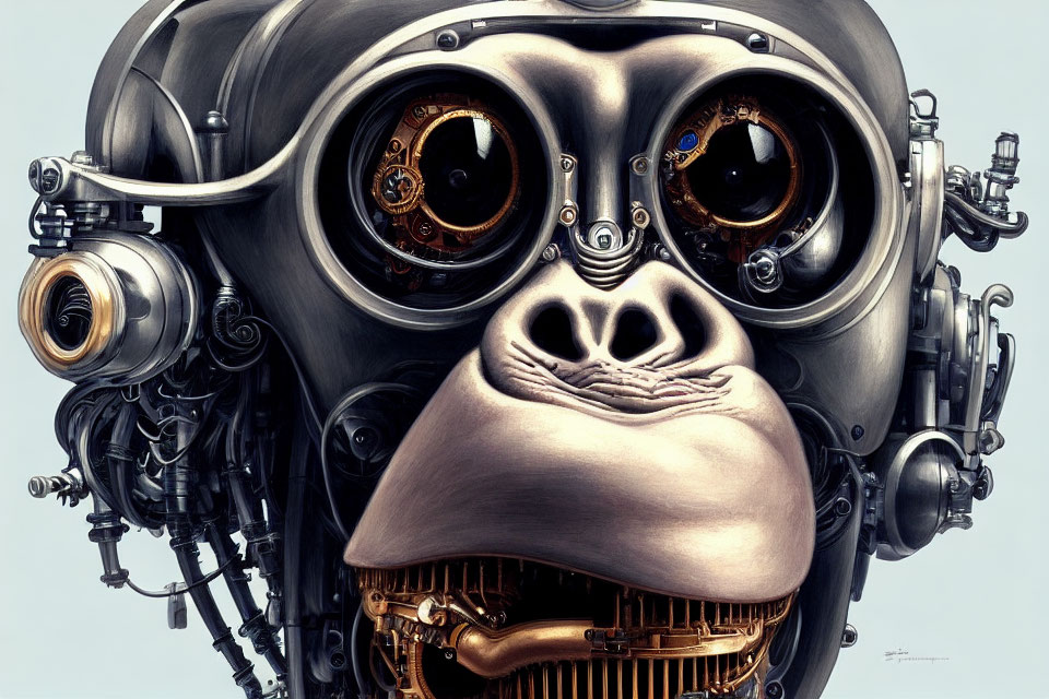 Detailed Illustration: Mechanical Primate with Gears & Components