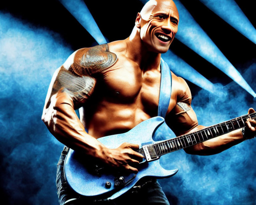 Tattooed man playing electric guitar on blue stage background