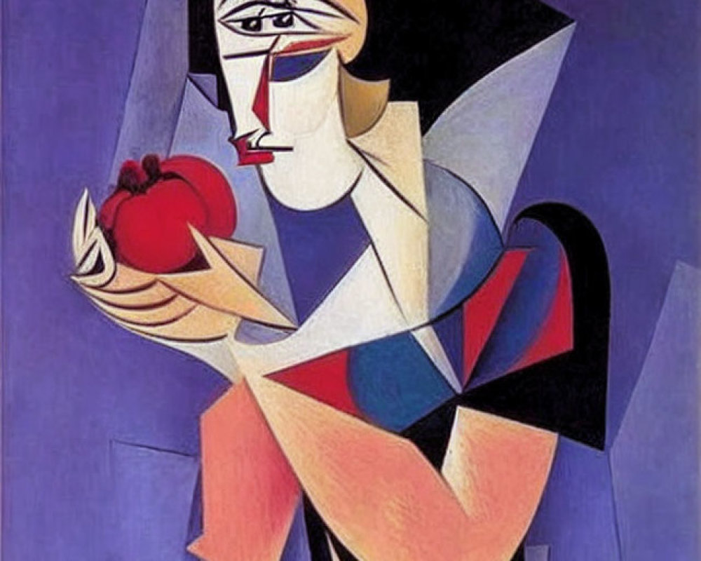 Cubist painting of a woman with red flower and fruit bowl