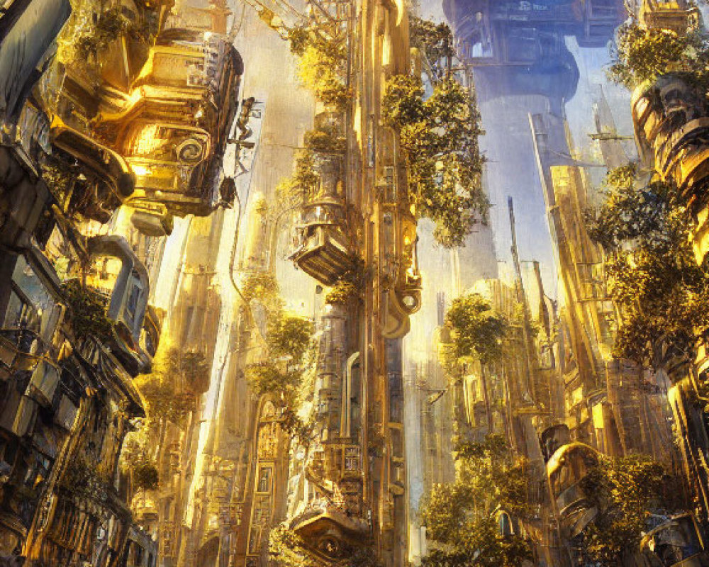 Futuristic vertical cityscape bathed in golden light