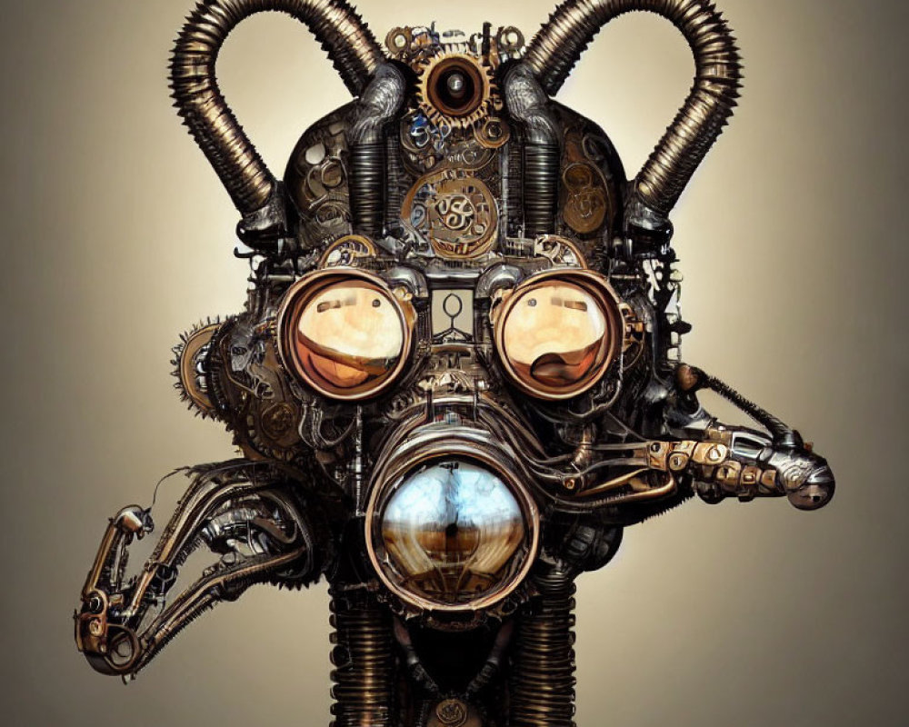 Intricate Steampunk Robotic Head with Gears, Pipes, Goggles, and Horn