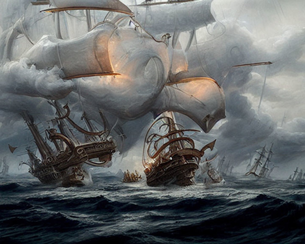 Historic naval battle scene with tall ships in stormy seas