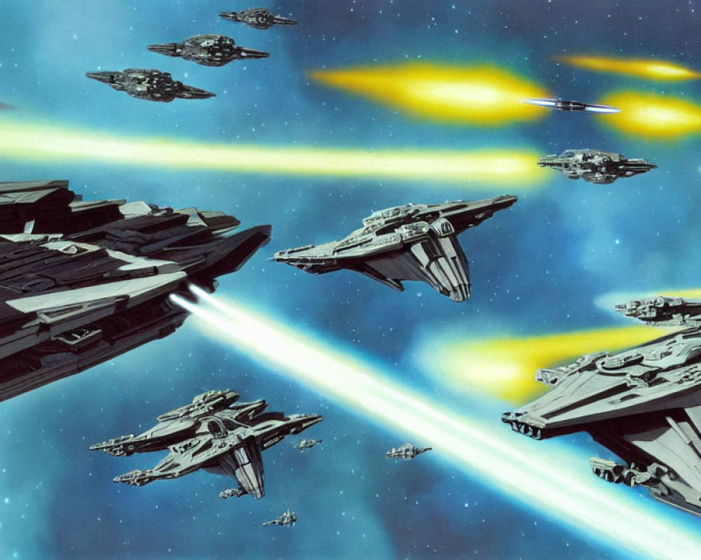 Futuristic spacecraft in space battle with laser beams