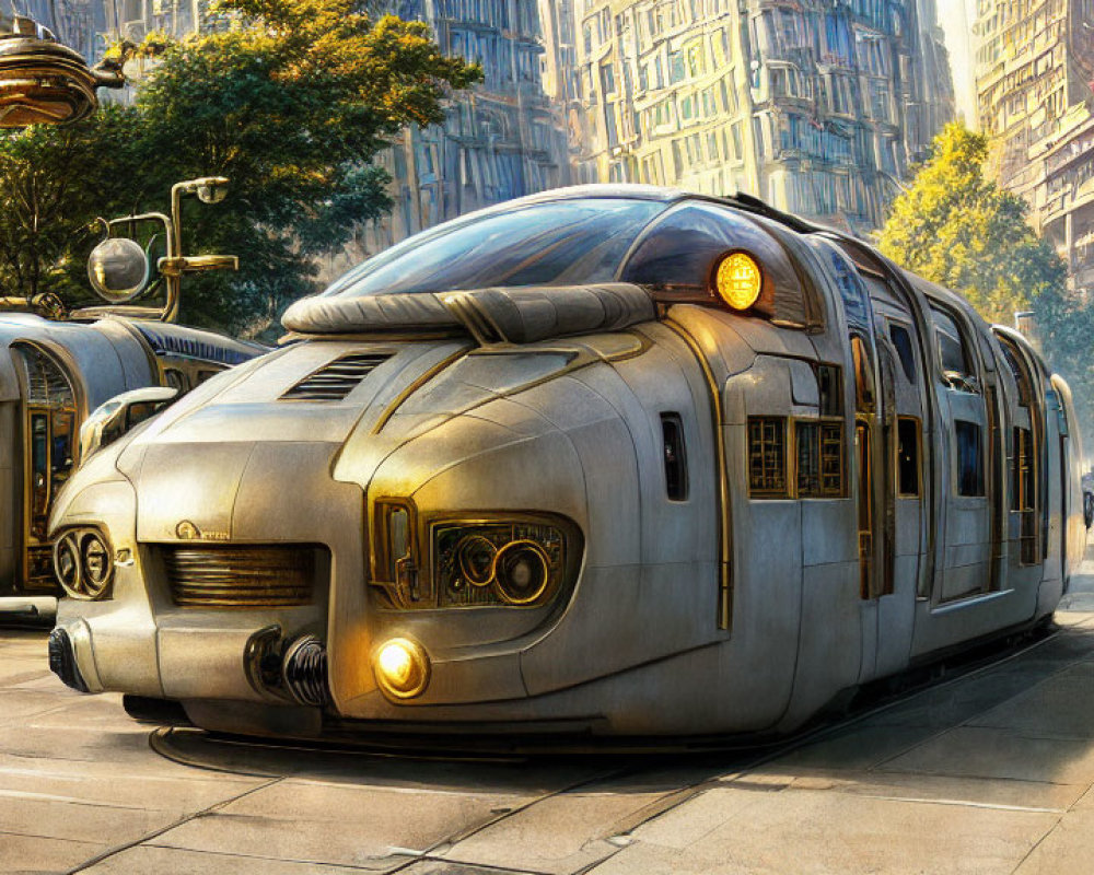 Silver retro-futuristic trams on sunlit city street with rounded designs.