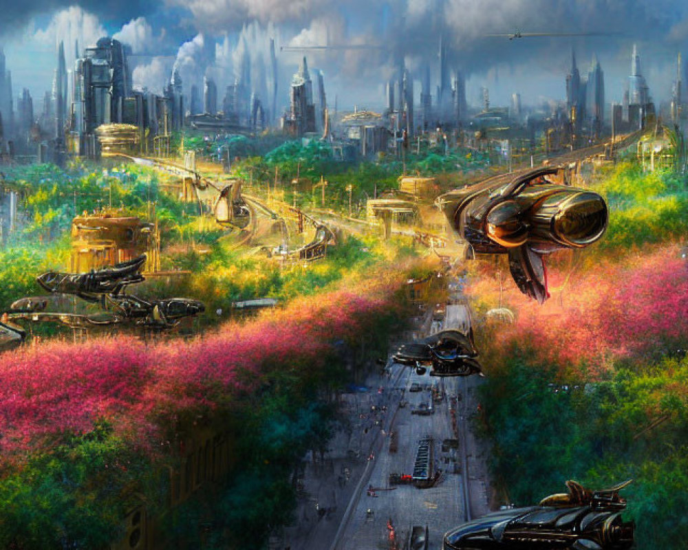 Futuristic cityscape with flying vehicles and skyscrapers under dynamic sky