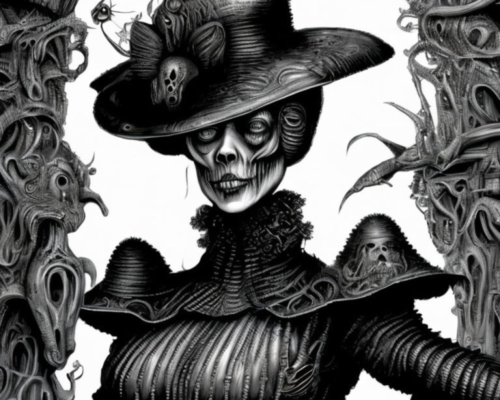 Monochrome skeletal figure in Victorian attire with wide-brimmed hat and rose, surrounded by abstract swirl