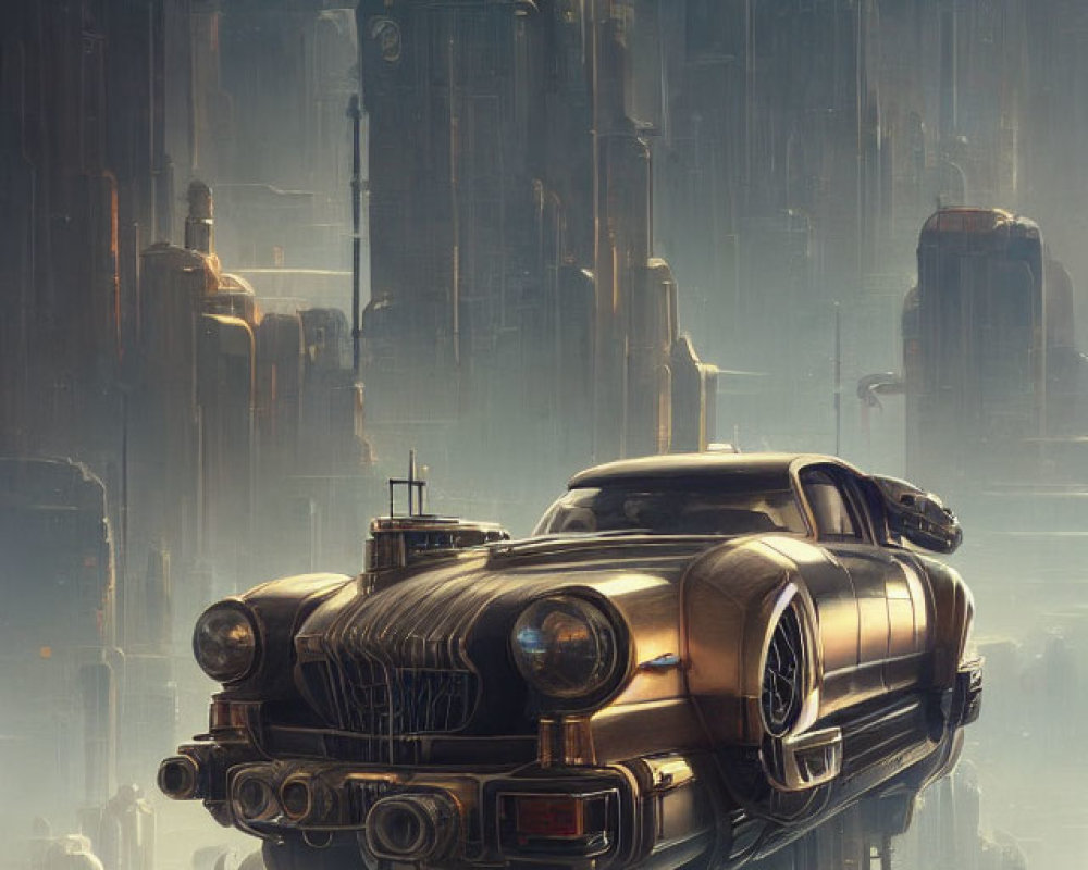 Intricately detailed retro-futuristic flying car in golden-lit cityscape