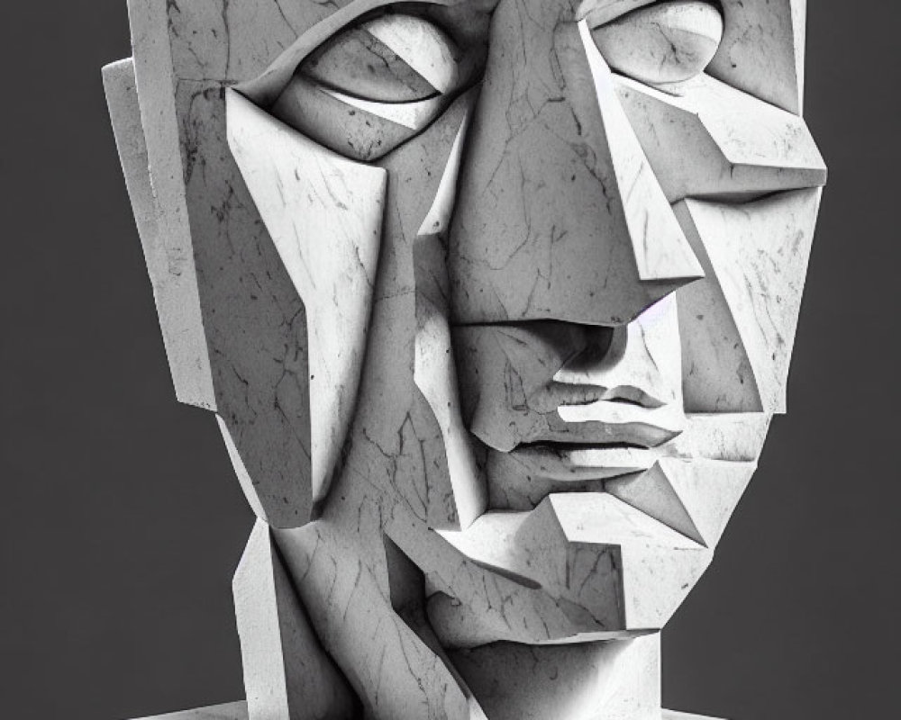 Geometric Abstract Marble Human Face Sculpture on Pedestal