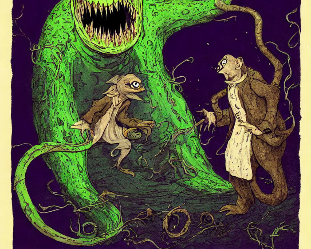 Large green monster with sharp teeth towering over two smaller creatures in an illustration.