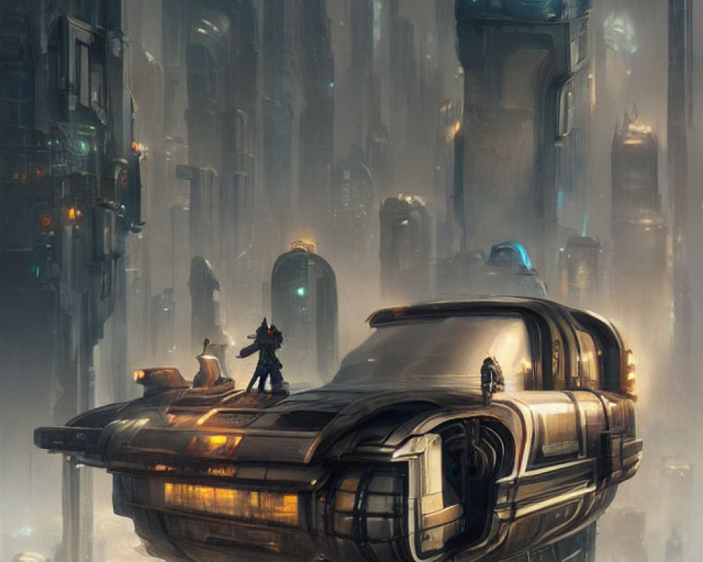 Futuristic cityscape with misty skyscrapers and character on hovering spaceship