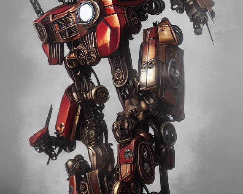 Giant Red and Silver Robot Made of Car Parts with Circular Headlights