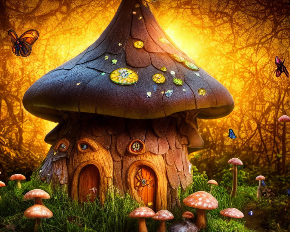 Illustration: Mushroom house with thatched roof in mystical forest