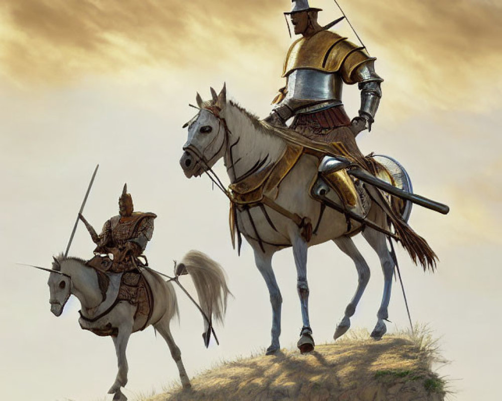 Medieval knights on horseback on grassy cliff under cloudy sky