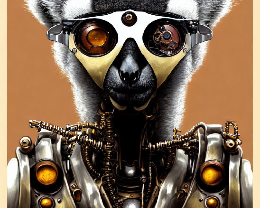 Steampunk-inspired lemur with mechanical body parts and goggles on warm-toned background