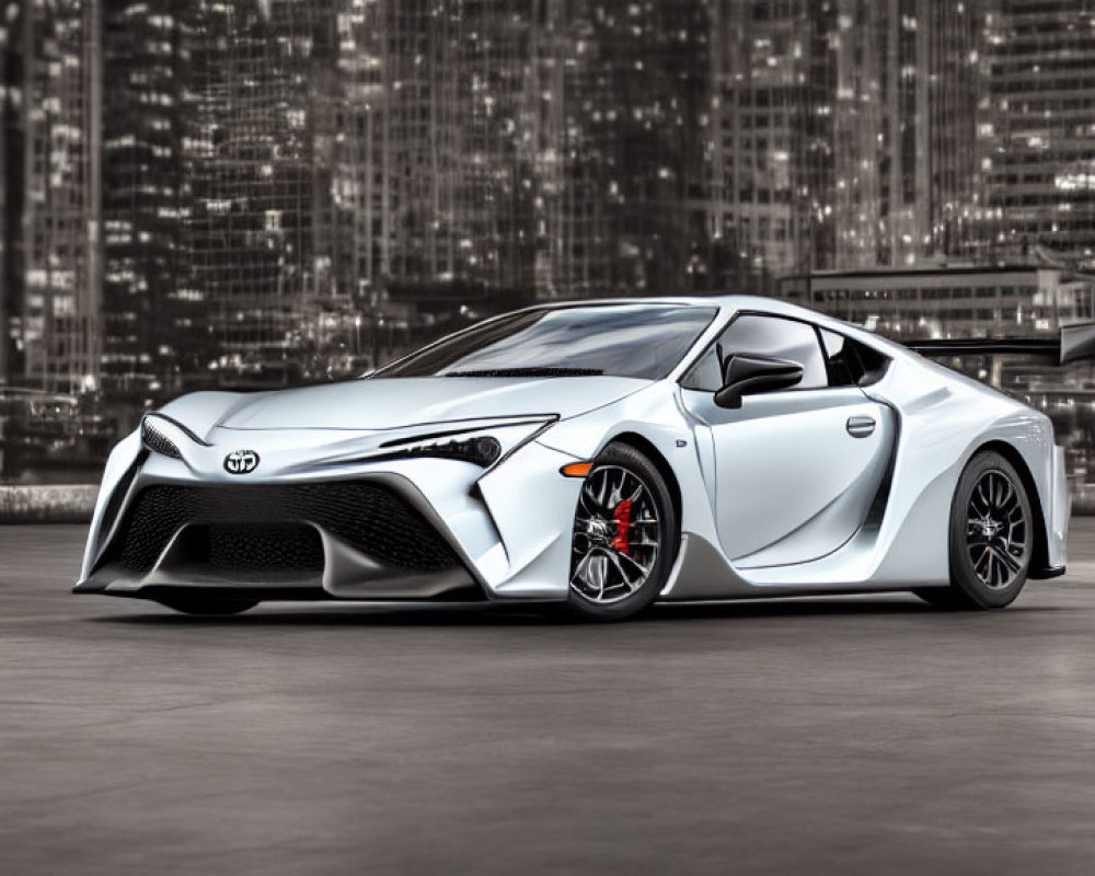 White Sports Car with Black Rims and Red Brake Calipers Against Cityscape