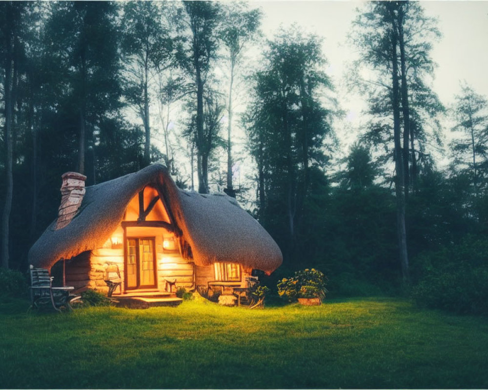 Thatched-Roof Cottage in Twilight Forest Clearing