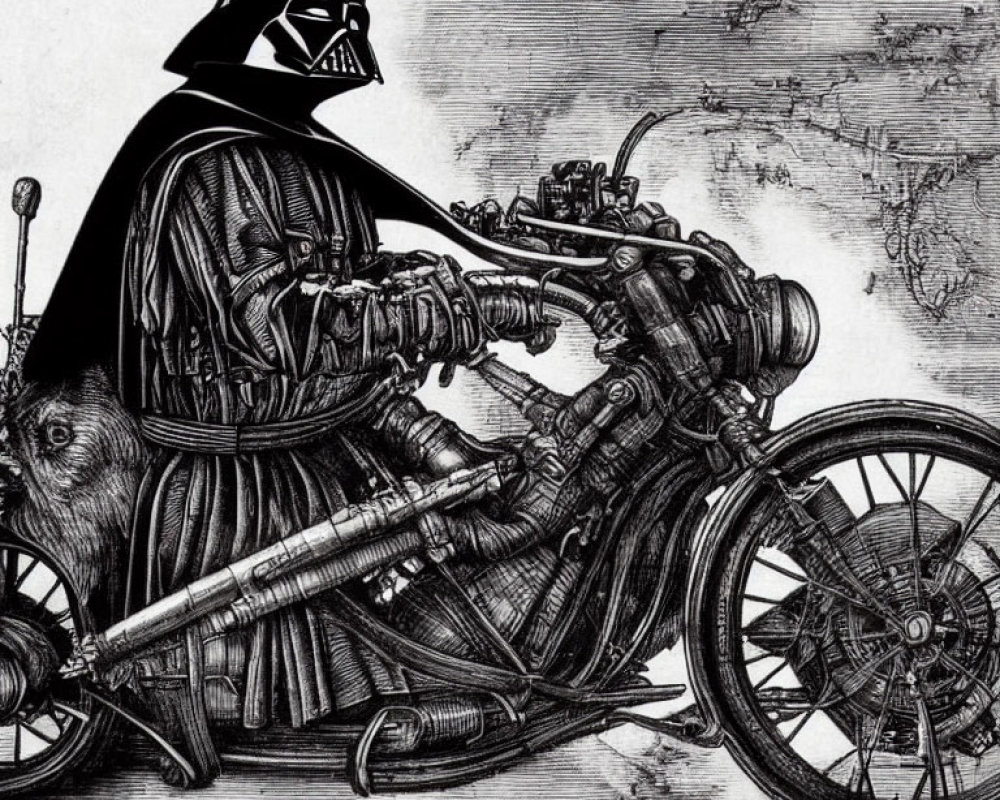 Character resembling Darth Vader on vintage motorcycle in high-contrast black and white