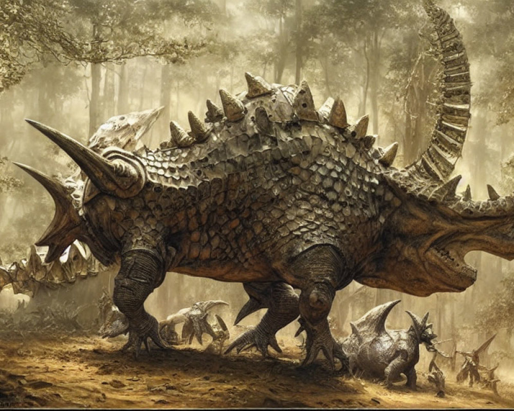 Armored dinosaur with frilled head in prehistoric forest scene