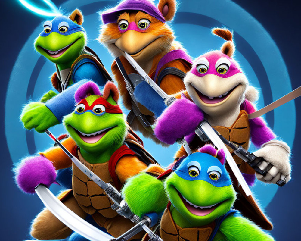 Four Teenage Mutant Ninja Turtles with colorful masks and weapons on blue background