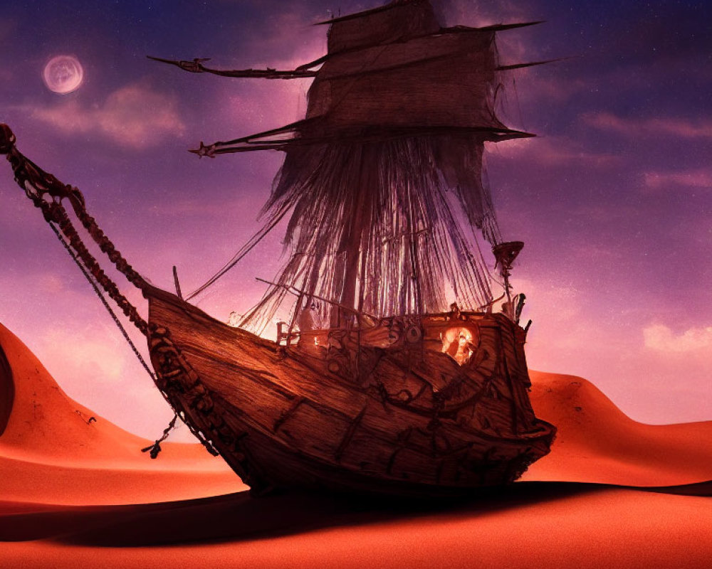 Weathered wooden ship stranded on desert dunes under twilight sky