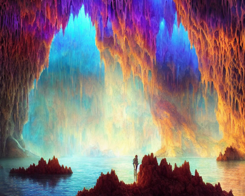 Colorful Cave with Blue and Purple Lights and Water Body