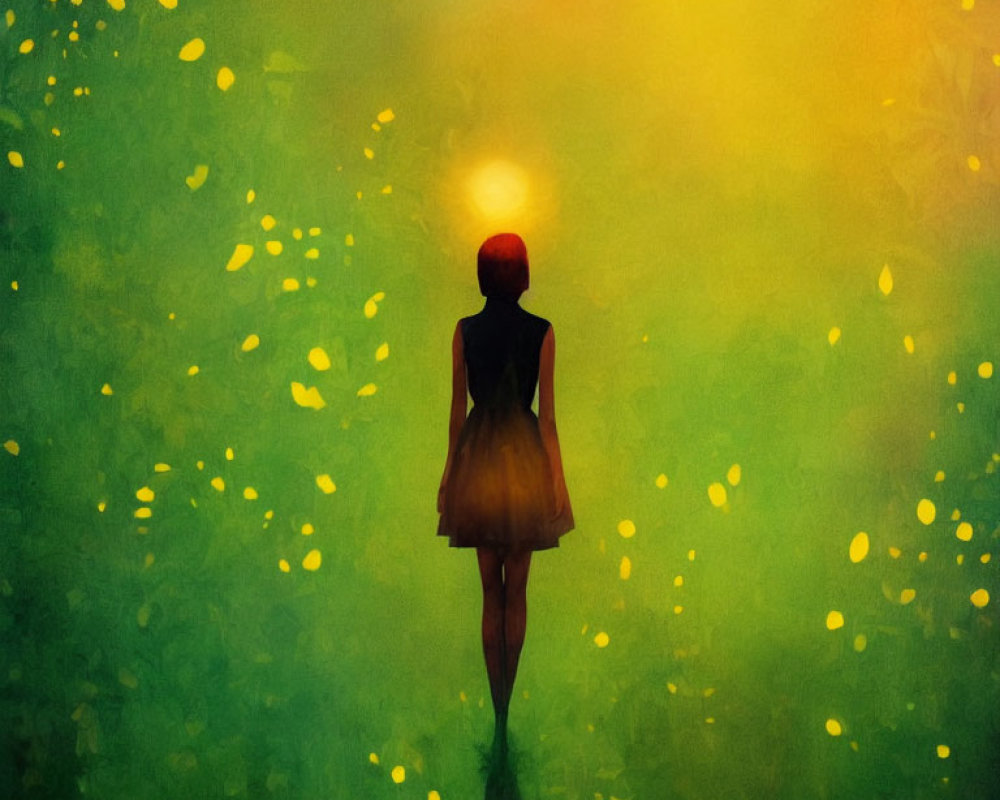 Silhouette of woman against vivid backdrop with fireflies and warm sun