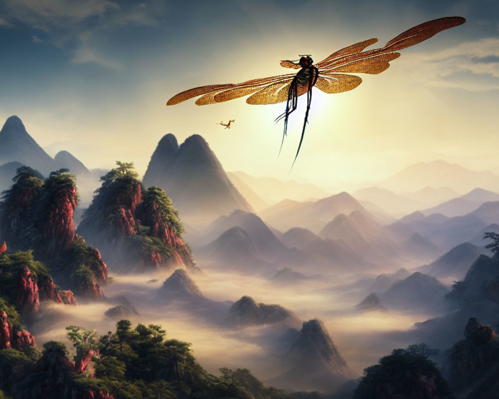 Dragonfly overlooking misty mountains and valleys with airplane in the distance