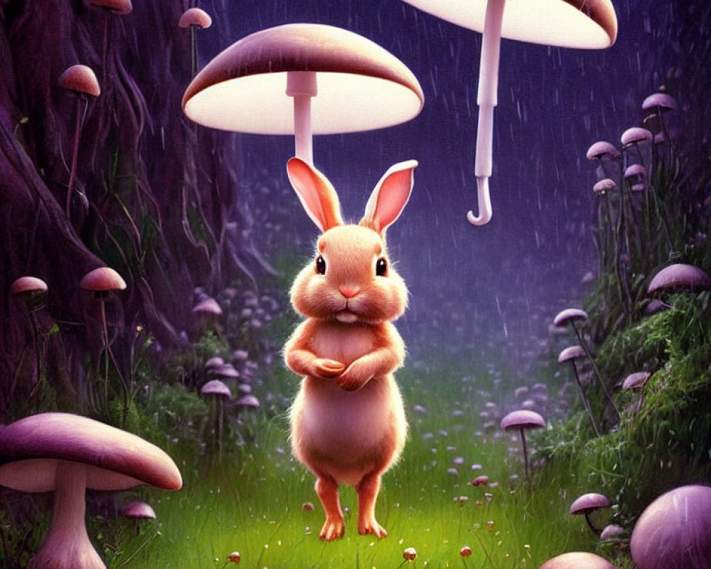 Cute rabbit under giant mushrooms in rainy forest