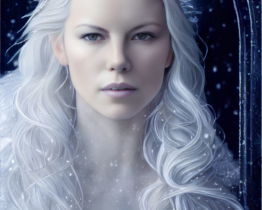 Fantasy image of pale-skinned woman with white hair and crystalline crown in wintry setting