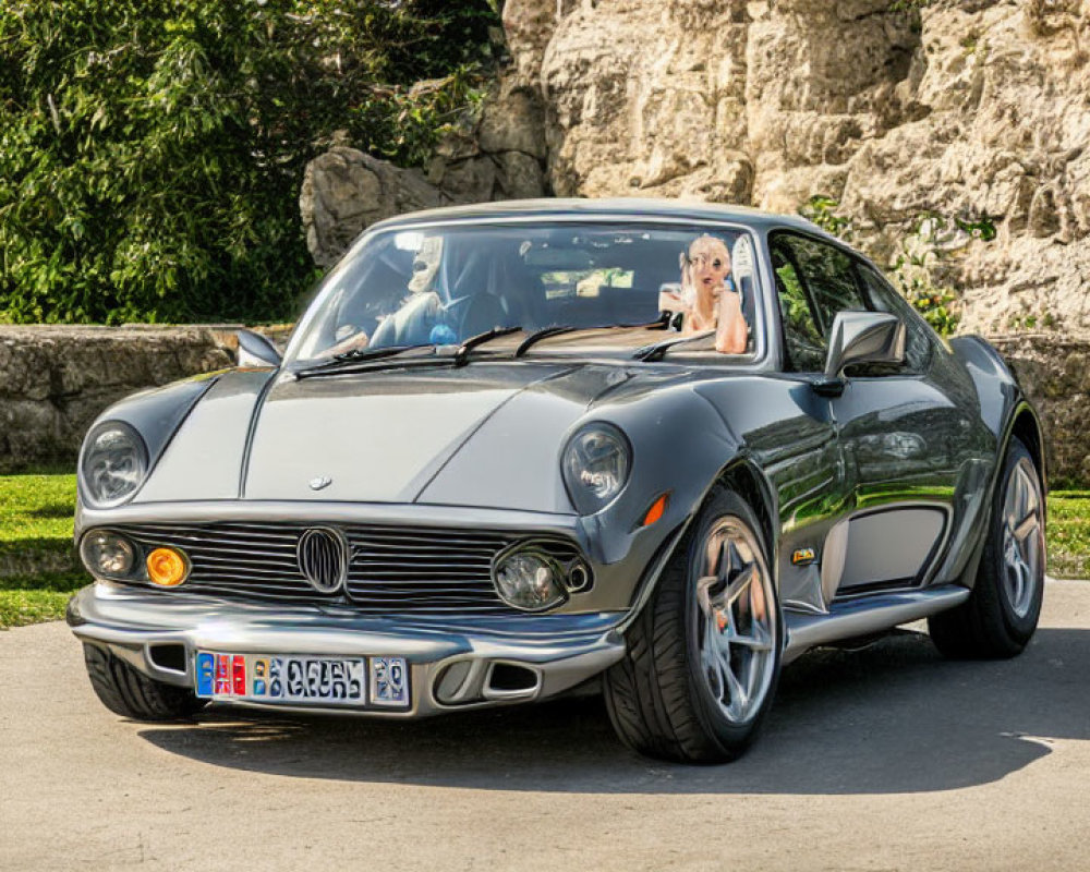 Vintage car with contemporary modifications and passenger waving outdoors