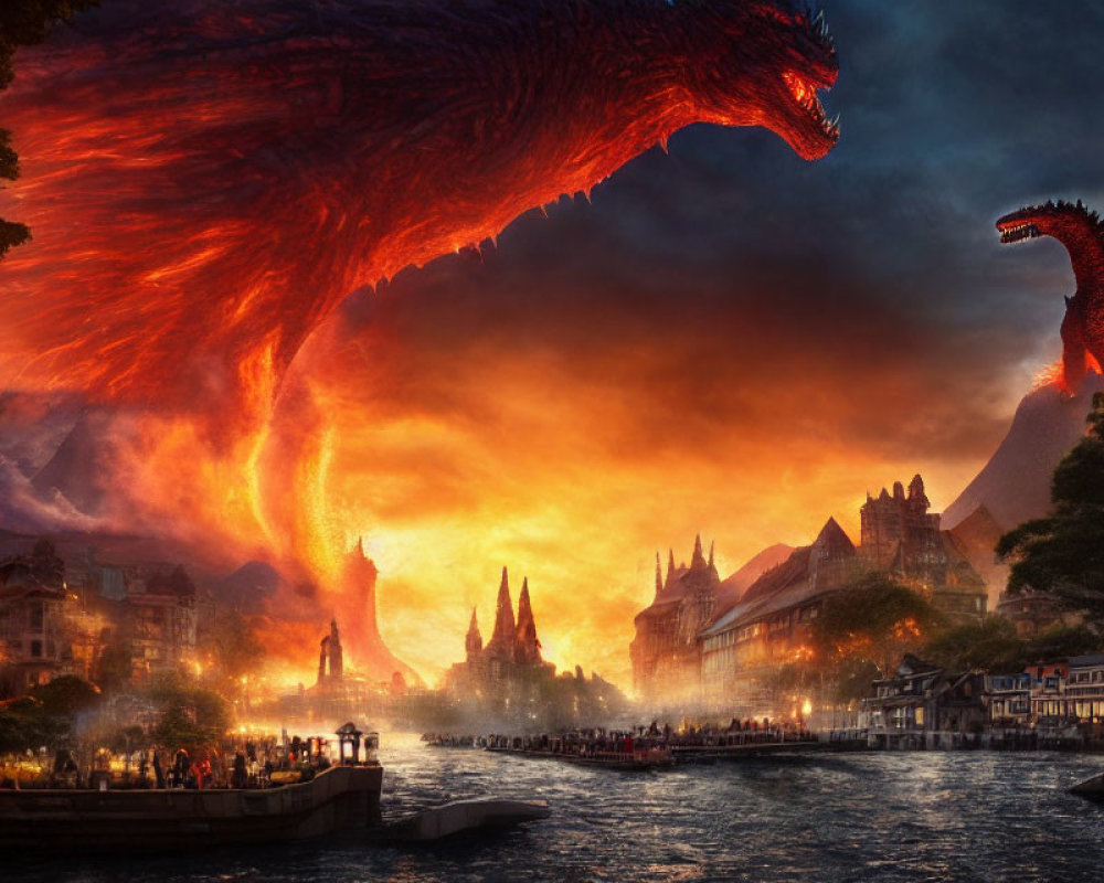 Apocalyptic scene: Giant dragons wreak havoc on medieval city